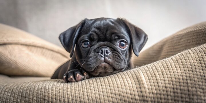 Puppy black pug snuggled up on couch, black pug puppy, cute puppy, snuggle animal