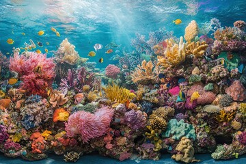 A vibrant coral reef teeming with colorful marine life, showcasing the beauty of the underwater world