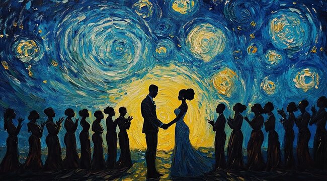 A vivid oil painting of a wedding, with the bride and groom in the foreground under a starry night sky
