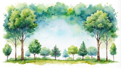 Fototapeta premium trees in watercolor frame, watercolor trees, tree silhouettes, forest landscape