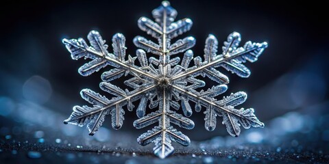 Extreme close-up of snowflake on black background