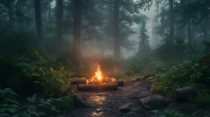 Campfire glows in a misty forest at night
