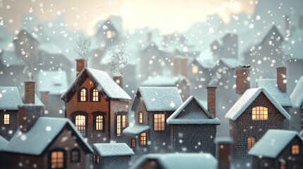 Fototapeta premium Snow Covered Village Houses Glowing With Warm Lights