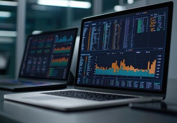 Data Analytics Screen with Graphs and Charts on Laptop Display