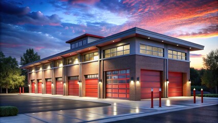 Fire Station Building at Night with Rendering Effect, fire station building