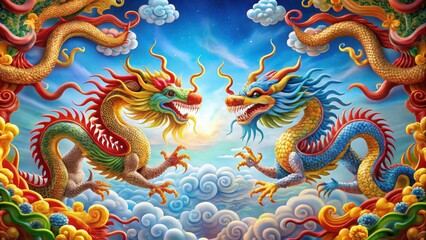 Fototapeta premium Traditional Chinese Dragon and Phoenix with Snakes
