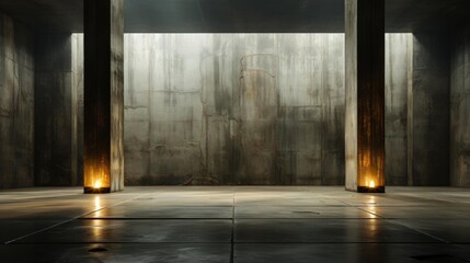 A large, empty room with two pillars and a wall