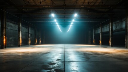 A large, empty warehouse with a bright blue light shining down on the floor