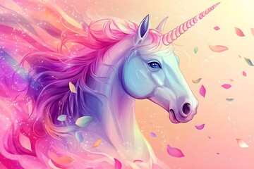 Fototapeta premium Cute watercolor girls set - Little princess Magic unicorn in fantastic world with fluffy clouds and fairy meadows. Neural network AI-generated art 