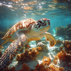 Fototapeta premium Sea turtle swimming through a coral reef, a vibrant display of colorful marine life.