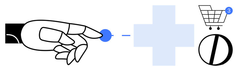 Robotic hand touching a blue digital icon next to a medical cross, a shopping cart with notification, and a loading circle. Ideal for automation, e-commerce, technology, healthcare, online shopping