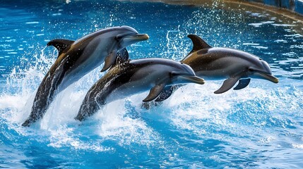 Obraz premium Three dolphins leap from the water in a synchronized jump, creating splashes and showcasing their sleek bodies.