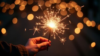 Glowing Sparklers in Hand Against a Blurred Festive Background