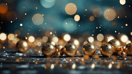 A bunch of gold colored balls are scattered on a black surface