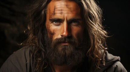 A man with a beard and long hair is standing in front of a dark background