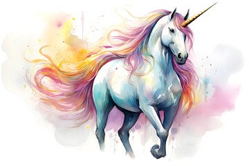 Cute watercolor girls set - Little princess
Magic unicorn in fantastic world with fluffy clouds and fairy meadows. Neural network AI-generated art
