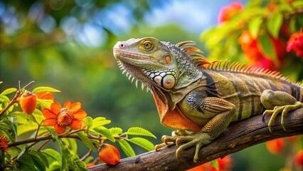 Fototapeta premium Iguana perched on a tree branch with leaves and flowers surrounding it, green iguana, reptile, tree, wildlife, animal, nature