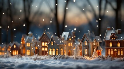 Fototapeta premium A small town with houses lit up with Christmas lights