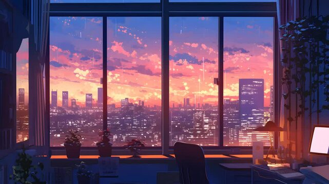 Anime bedroom window with city sunset calm and cozy lofi style. Anime style loop