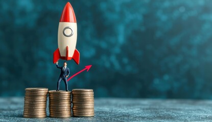 Businessman Holding Rocket Over Stacks of Coins Illustrating Growth