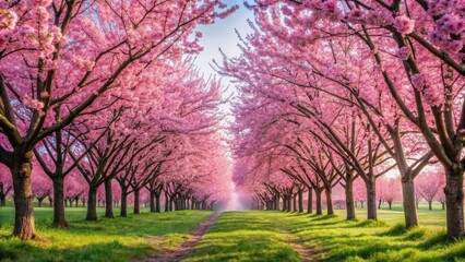 A stunning pink cherry blossom field with blooming trees in the distance