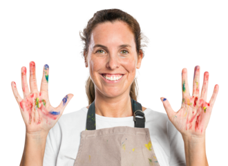 Female artist png mockup in an apron with messy hands
