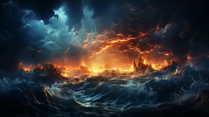 Fototapeta premium A painting of a stormy ocean with a bright orange and red sky