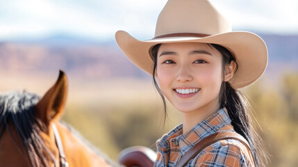 Fototapeta premium Japanese cowgirl woman with horse and cowboy hat at grand canyon arizona