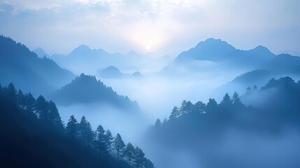 Mysterious fog concept. A serene morning view of misty mountains under a soft blue sky.