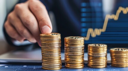 Businessman Analyzing Financial Growth with Coins and Graph Background