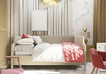 mockup poster in cute kids bedroom with beige sofa bed and poster framed mockups. 3d illustration
