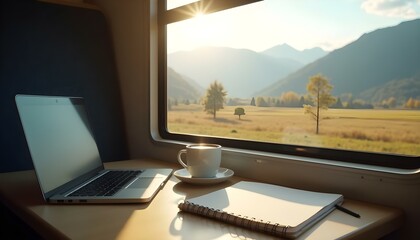 Vista desde el tren, computadora port&aacute;til, caf&eacute; y cuaderno con paisaje monta&ntilde;oso