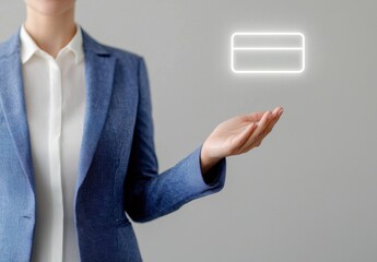 Businesswoman Holding Virtual Card Symbol with Gray Background