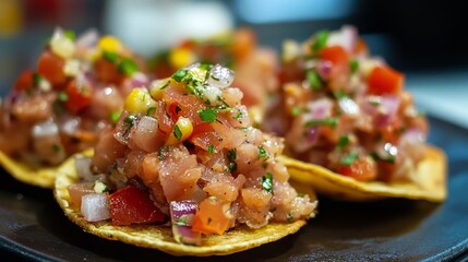 A vibrant close-up of crispy tostadas topped with a colorful salsa made of diced tomatoes, onions, and herbs. The bright, fresh ingredients offer a delicious appeal, perfect for culinary presentations