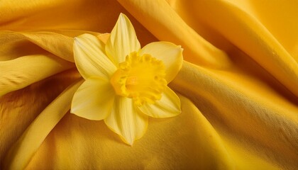 Obraz premium Yellow Daffodil Flower on a Draped Soft Yellow Silk Fabric