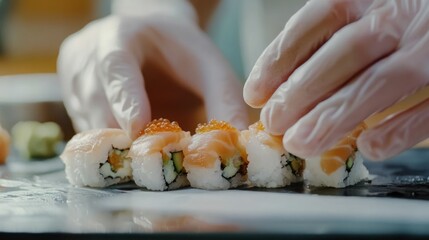 Master's hands in gloves making a sushi roll. Cooking master class.