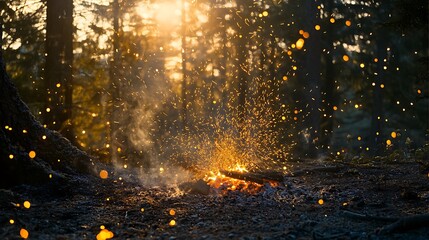 Fototapeta premium Forest Fire Embers Sparkle at Sunset
