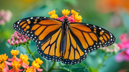 Naklejka premium Monarch Butterfly Perched on Vibrant Lantana Flowers