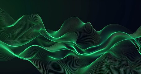 Obraz premium Abstract green wave patterns create a dynamic, fluid visual effect on a dark background.