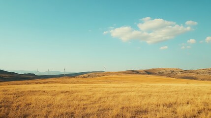 Obraz premium Golden Field Wind Turbines Rolling Hills Blue Sky