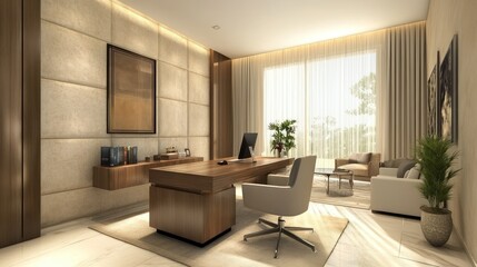Elegant minimalist home office interior with textured walls  wooden desk