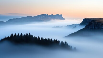 Obraz premium Mysterious fog concept. A breathtaking landscape featuring misty mountains at dawn.