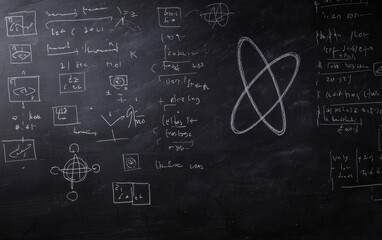 Abstract Scientific Drawings on Blackboard with Mathematical Equations