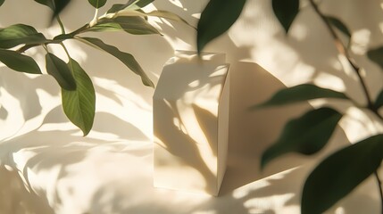 White podium with leaf shadows on fabric.