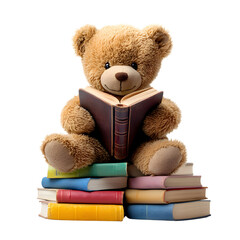 Cozy Teddy Bear Reading a Book on Colorful Stacks