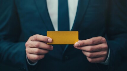 Businessman Holding Yellow Card in Formal Suit Attire