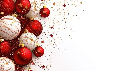 Festive Christmas Ornaments with Red and White Glitter Background