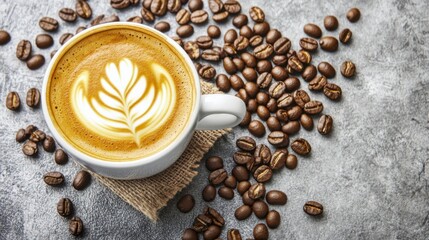 White Coffee Cup with Latte Art on Gray Background