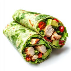 Two spinach wraps filled with chicken, vegetables, and fresh greens.