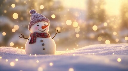 Cheerful Snowman Surrounded by Sparkling Snow and Soft Bokeh Lights